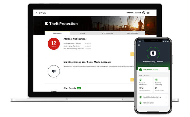 Laptop and mobile devices with ID Theft Protection visible on them.